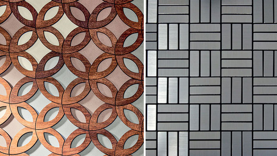 Mosaico de madeira e mármore em placas que você cola