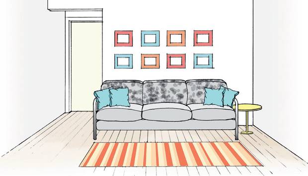 O sofá é estampado, o tapete deve ser liso? Uso quadros?