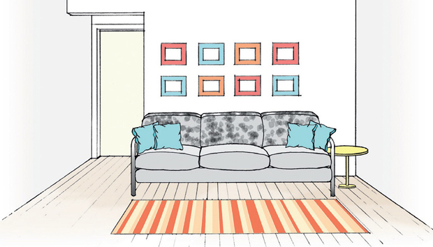O sofá é estampado, o tapete deve ser liso? Uso quadros?