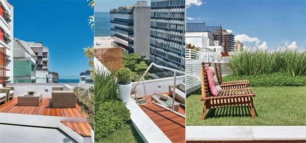 Terraço do dúplex no Rio tem gramado e vista para o mar