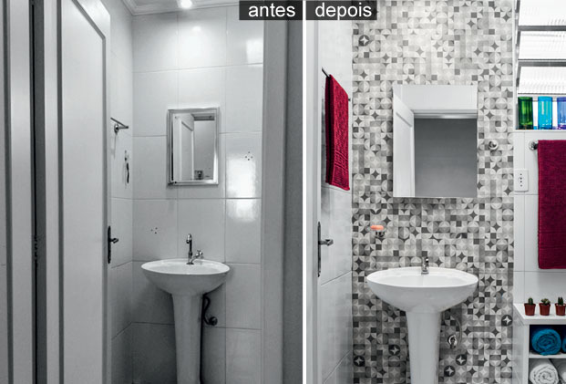 Tecido adesivo geométrico dá vida nova ao banheiro