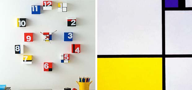 Relógio de parede inspirado nas obras de Piet Mondrian