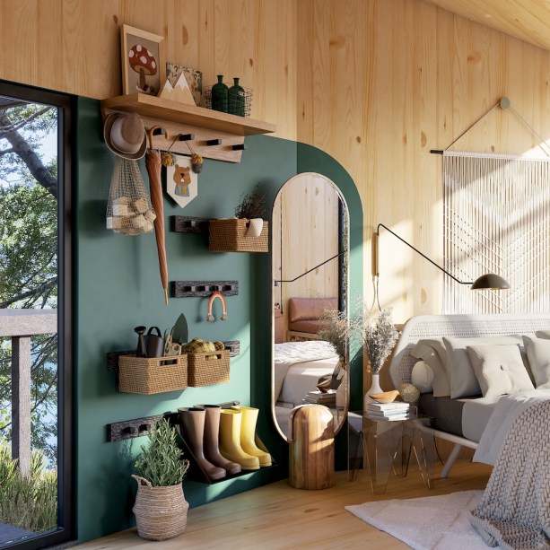 Loft Casal com Bebê, por Nina Zamith | Já o hall de entrada virou o “cantinho do explorador”, com as botas e ferramentas prontas para as caminhadas pela região: “Coloquei ali tudo que eles precisam para sair e ainda deixei pendurado um punhado de galhos… É essa a vibe simples e natural dessa família e desse lugar lindo”, diz Nina.