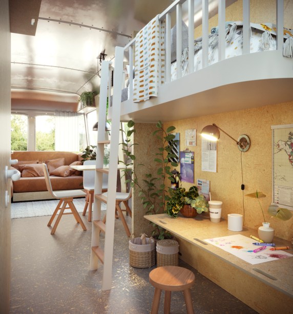 AIRSTREAM, por Cajoo.studio | Inspirados na ergonomia e estética das naves espaciais, típicos da obra da arquiteta russa Galina Balahova, eles dividiram os “cômodos” do airstream de forma fluida, com rolos fixados no reto que descem e sobem como cortinas.