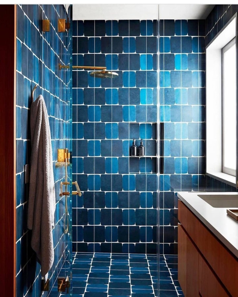 banheiro com revestimentos azuis