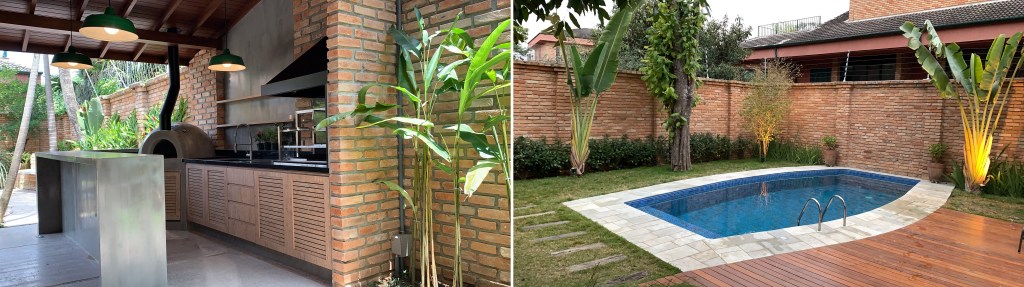 Área externa com deck de madeira e piscina