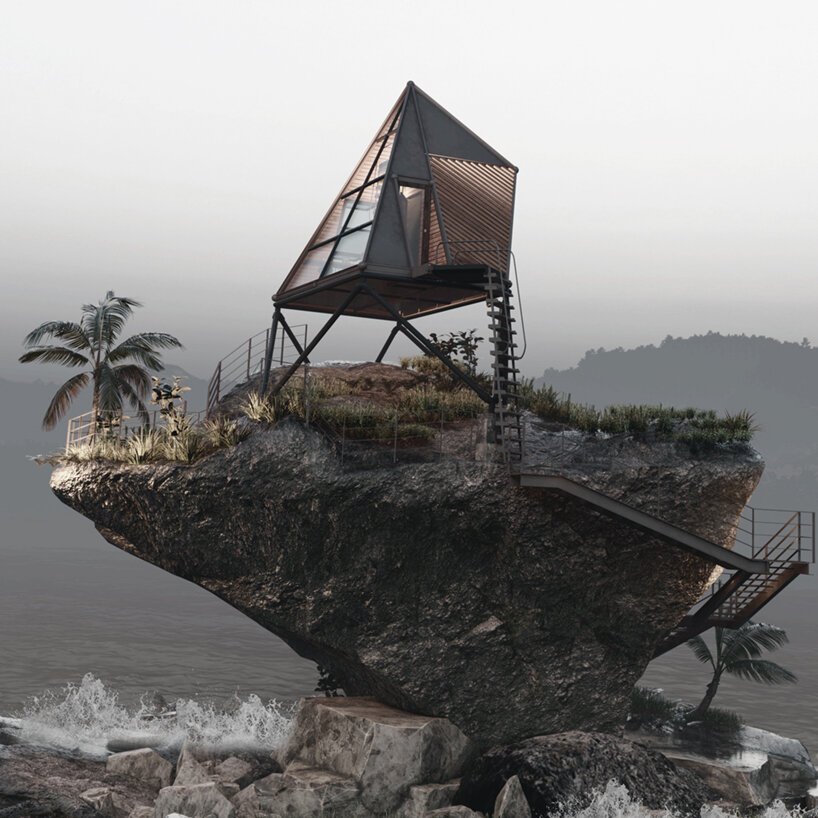 Casa em formato triangular, contruída sobre uma rocha de frente para o mar, elevada com acesso por escadas de metal