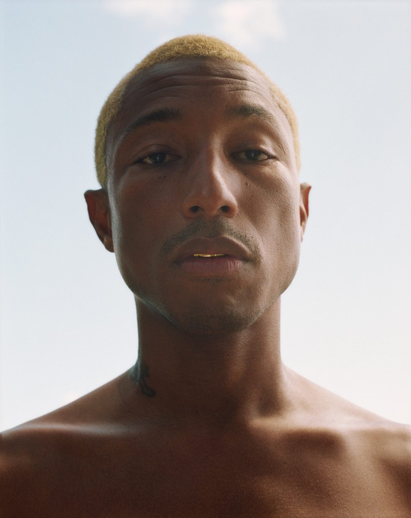 Foto do busto do cantor e produtor Pharrell Williams, sem camisa e com o cabelo loiro bem baixo.