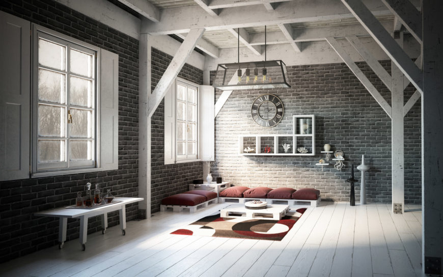 Digitally generated Scandinavian home interior design with high quality DIY pallet furniture and fancy decorations.The scene was rendered with photorealistic shaders and lighting in Autodesk® 3ds Max 2016 with V-Ray 3.6.