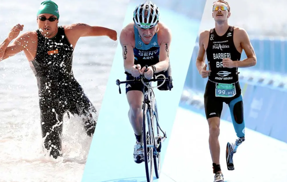 Triatlo: participam das provas pessoas com diversos tipos de deficiência, entre deficientes visuais e cadeirantes. São 750m de natação, 20km de ciclismo e 5km de corrida