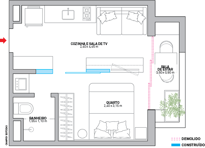 No eixo central, estante e porta deslizante separam os ambientes, enquanto o prolongamento da divisória junto à entrada resguardou o banheiro. As portas de correr entre o interior e a varanda foram retiradas. Área: 26 m²; marcenaria: Móveis Evolution; gerenciamento da obra, projetos de interiores, elétrico e hidráulico: Claudia Reis.