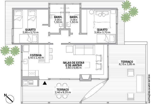 Voltada para o leste, a lateral onde fica o deck descoberto se beneficia da suave luz da manhã enquanto o terraço sob o forro e a área social, para oeste, se aquecem com o sol da tarde. Área: 82,40 m²; fundação: Paulo Afonso de Souza; construção e projetos elétrico e hidráulico: Ronaldo Donizeti Pereira; madeiramento e marcenaria: Aristeu Pereira da Costa; paisagismo e luminotécnica: Cristina André.