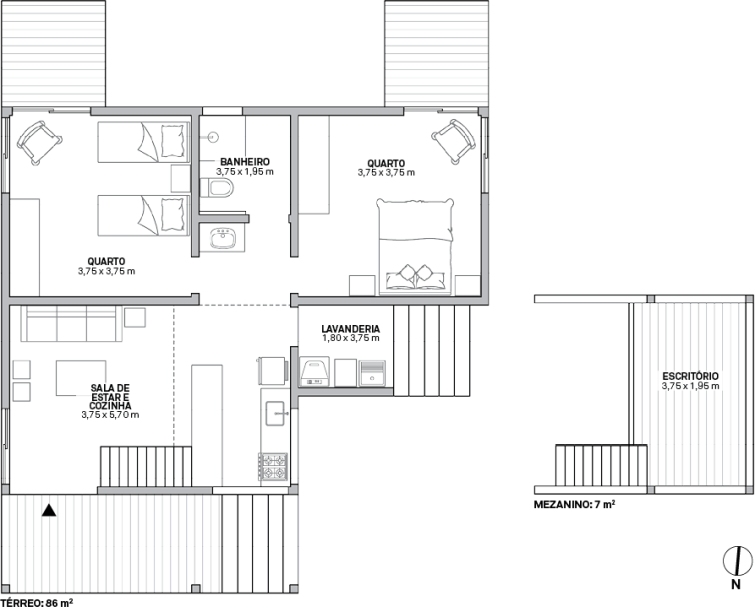 O Casa de Terra oferece cinco op&ccedil;&otilde;es entre 45 e 93 m&sup2; cujas plantas se baseiam em m&oacute;dulos de 3,75 x 3,75 m, pass&iacute;veis de divis&atilde;o em dois ou quatro para compor decks e ambientes menores.