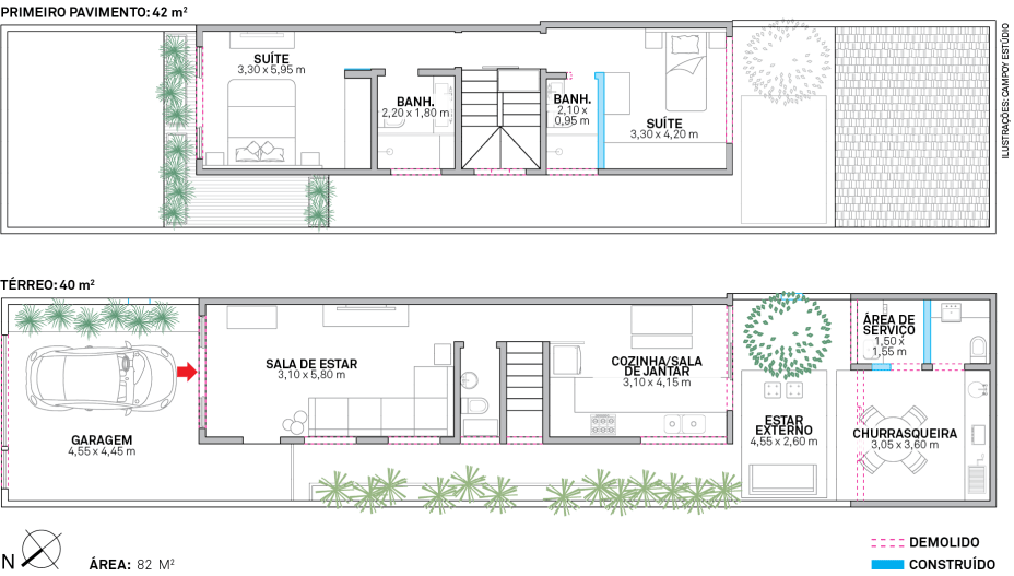 Definir uma &aacute;rea de conviv&ecirc;ncia na parte de tr&aacute;s da casa e integr&aacute;-la com a cozinha norteou a reforma. Na frente, a garagem aberta amplia visualmente a sala de estar.