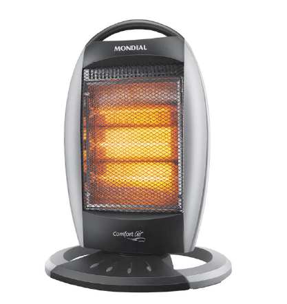 O Comfort Air (33 x 14 x 54 cm), da Mondial, utiliza lâmpadas halógenas – tipo mais eficiente de incandescentes – para oferecer três níveis de aquecimento, com até 1 200 W de potência. Pesa 2 kg e conta com sistema de segurança que o desliga em caso de queda. Ponto Frio , R$ 189,90 O Comfort Air (33 x 14 x 54 cm), da Mondial, utiliza lâmpadas halógenas – tipo mais eficiente de incandescentes – para oferecer três níveis de aquecimento, com até 1 200 W de potência. Pesa 2 kg e conta com sistema de segurança que o desliga em caso de queda. Ponto Frio , R$ 189,90