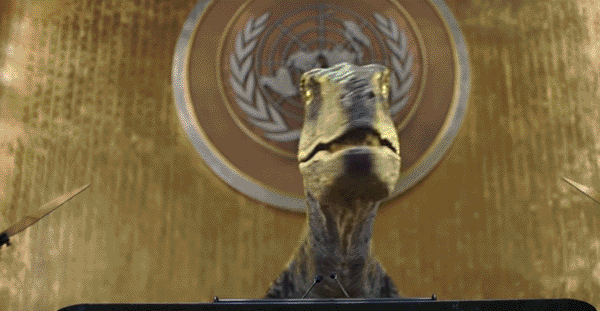 “Não escolham a extinção!”: dinossauro discursa na ONU