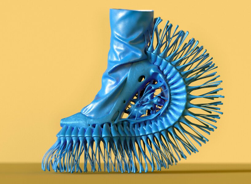 Sapatos inflaveis voce usaria-Designboom (12) Bota azul cujas solas são um emaranhado de longos e finos tentáculos.