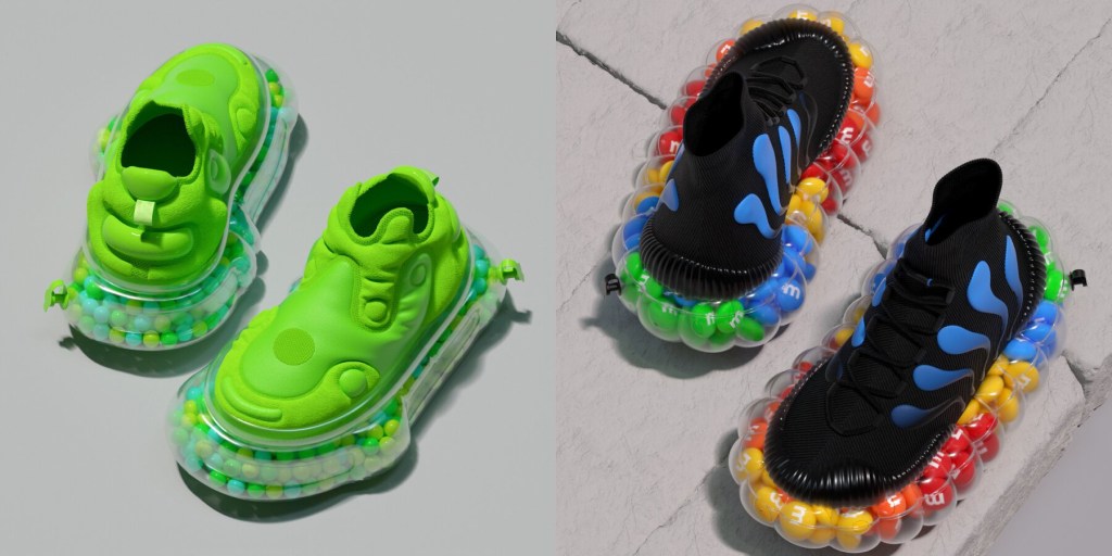 Sapatos inflaveis voce usaria-Designboom (16) Dois pares de tênis. Um deles verde e outro preto com detalhes azuis e solas recheadas com M&Ms.