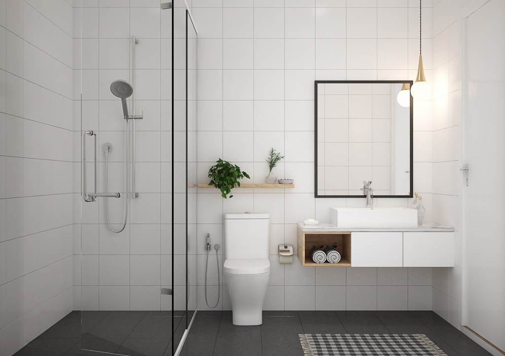 banheiros-minimalista-box-chuveiro-pia-interior-design-ideas Banheiro branco em estilo minimalista com box de chuveiro, pia e vaso sanitário