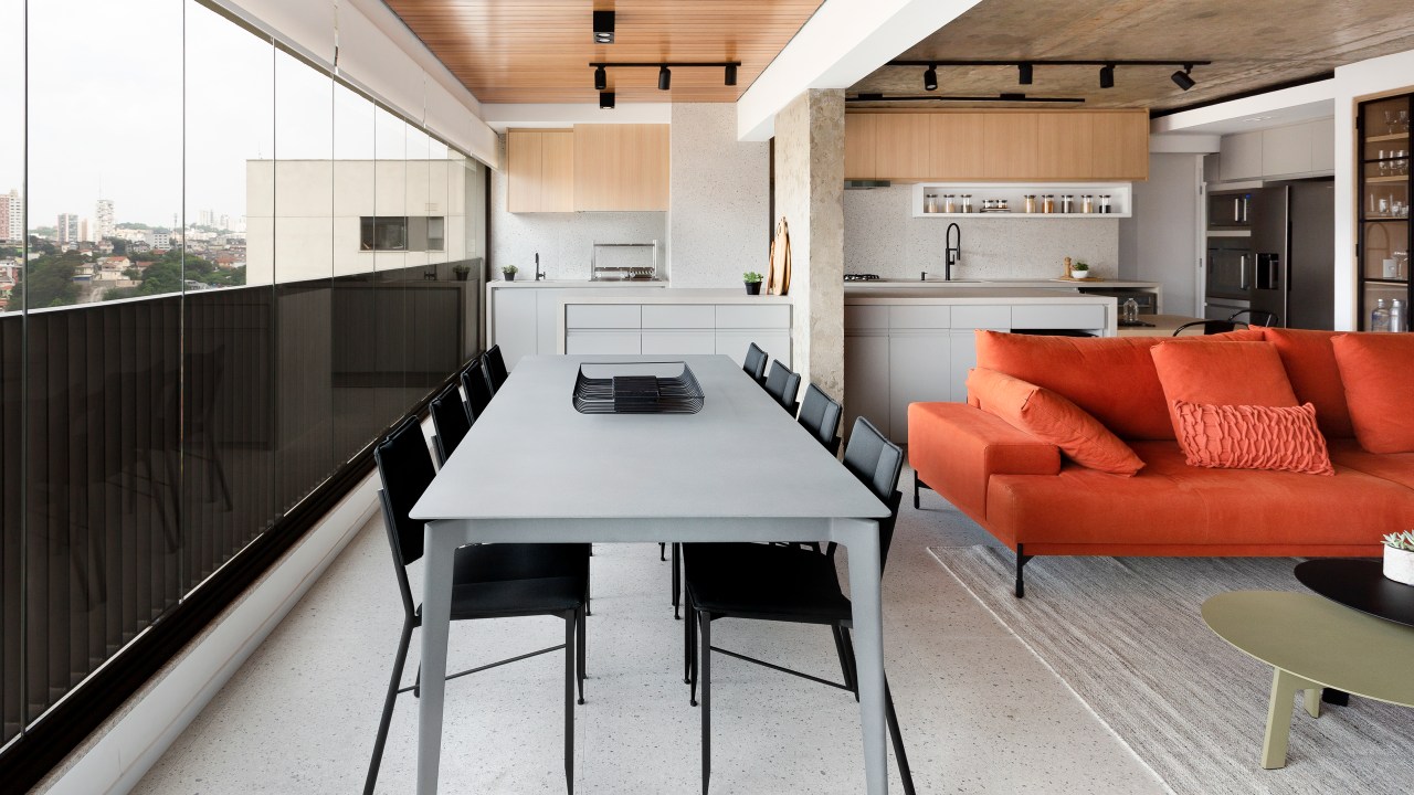 Sala de estar, jantar e cozinha integradas