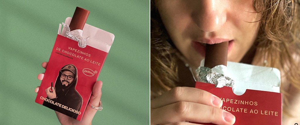 Lembra do cigarro de chocolate Agora é um vape Designboom (2) Embalagem de chocolate vermelha inspirada em maço de cigarros.