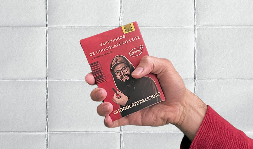 Lembra do cigarro de chocolate Agora é um vape Designboom (5) Embalagem de chocolate vermelha inspirada em maço de cigarros.
