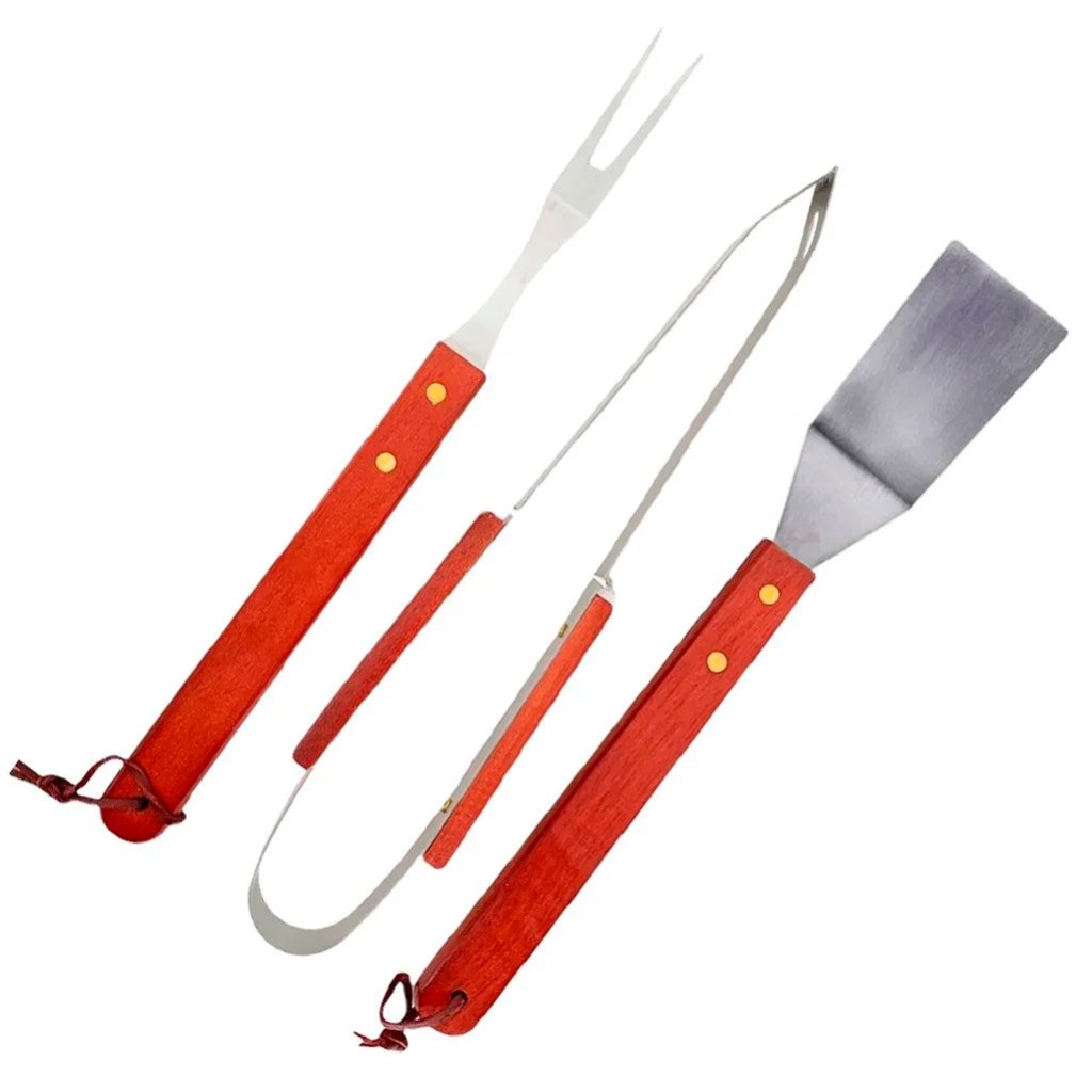 Kit Conjunto Para Churrasco Madeira e Inox 3 Peças