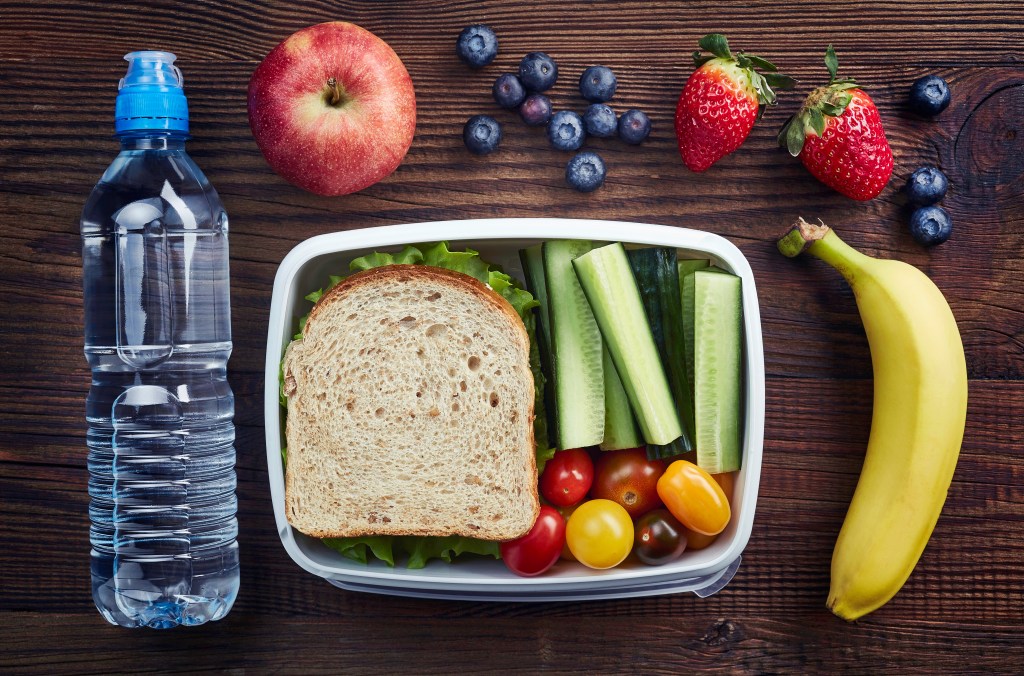 Healthy,Lunch,Box,With,Sandwich,And,Fresh,Vegetables,,Bottle,Of Volta às aulas: 5 dicas e cardápios para lancheiras saudáveis