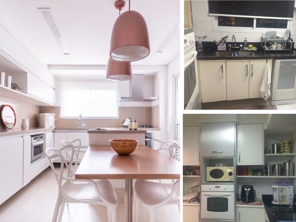 Reforma de cozinha antes e depois: 4 projetos funcionais e surpreendentes. Projeto de Isabella Nalon. Na foto, cozinha com decoração clean, bancadas de quartzo, luminária, marcenaria branca, mesa acoplada à bancada central.