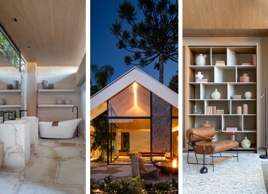 Cabana com telhado de duas águas tem décor escandinavo e lareira